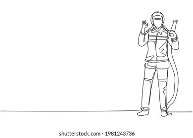 Single one line drawing firefighters stood wearing helmets and uniforms complete with gesture okay work to extinguish fire at building. Modern continuous line draw design graphic vector illustration