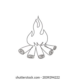 Single one line drawing fireplace campfire. Burning wood, travel and adventure symbol. Bonfire or woodfire. Tourist bonfires form of stack. Continuous line draw design graphic vector illustration