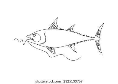 Single one line drawing Fish and wild marine animals concept. Continuous line draw design graphic vector illustration.