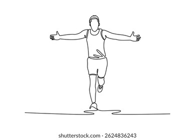 Single one line drawing fit and young man running sprinting to finish line at the race track. Finisher, marathon runner sprinting moment. Modern continuous line draw design graphic vector illustration