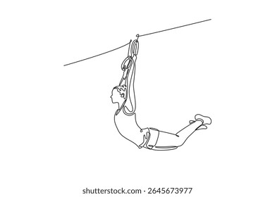 Um único desenho de uma linha se encaixa ginasta feminina balançando em anéis de ginástica enquanto faz musculação e exercício de equilíbrio durante o treino de calistênicos no ginásio. Ilustração de vetor gráfico de design de linha contínua