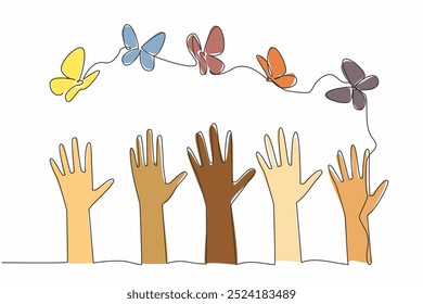 Single one line drawing five hands raised up with some butterflies flying above them. Embrace our differences. A symphony of unity. Zero Discrimination Day. Continuous line design graphic illustration