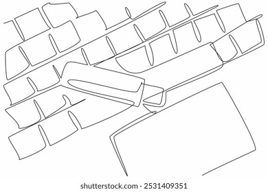 Single one line drawing flash drive above the keyboard keys. Backing up work. Daily backup in a simple way. Copy paste. Tech. National Flash Drive Day. Continuous line design graphic illustration