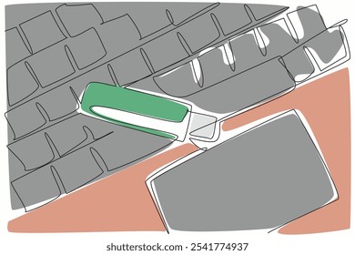 Single one line drawing flash drive above the keyboard keys. Backing up work. Daily backup in a simple way. Copy paste. Tech. National Flash Drive Day. Continuous line design graphic illustration