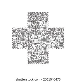 Single one line drawing flat design cross badge icon. Black geometric shape. Tag or logo design. Abstract isolated sign. Business element. Swirl curl style. Continuous line draw vector illustration
