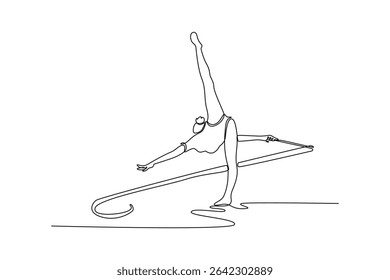 Single one line drawing flexible teen girl rhythmic gymnast in motion, exercise with ribbon. Sport, beauty, competition, flexibility, active lifestyle. Continuous line draw design vector illustration