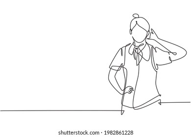 Single one line drawing flight attendant with call me gesture ready to serve airplane passengers in a friendly and warm manner. Success person. Continuous line draw design graphic vector illustration