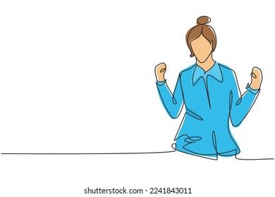 Single one line drawing flight attendant with celebrate gesture ready to serve airplane passengers in a friendly and warm manner. Success job. Continuous line draw design graphic vector illustration