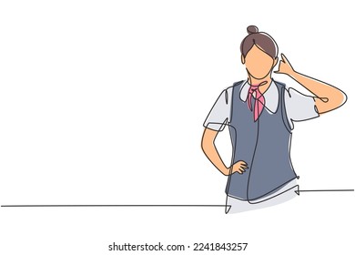Single one line drawing flight attendant with call me gesture ready to serve airplane passengers in a friendly and warm manner. Success person. Continuous line draw design graphic vector illustration