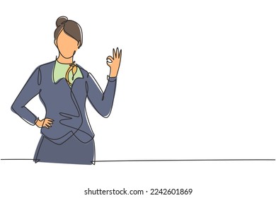 Single one line drawing flight attendant with gesture okay ready to serve airplane passengers in a friendly and warm manner. Professional work. Continuous line draw design graphic vector illustration