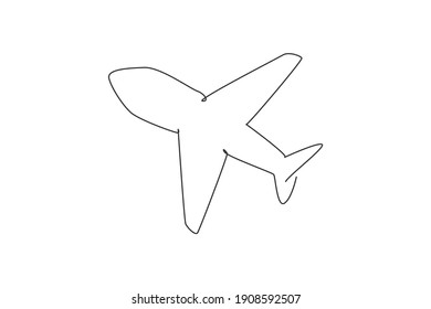 Single one line drawing of flying airplane. Transportation icon silhouette for education concept.  Travel business presentation clipart isolated on white background. Design vector graphic illustration