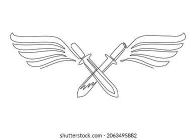 Single one line drawing flying two crossed swords. Weapon of medieval fantastic warrior. Winged two crossed swords logo with elegant outspread wings. Continuous line draw design vector illustration