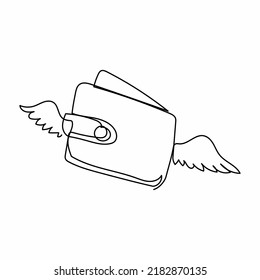 Single one line drawing flying wallet with wings. Losing money, overspending, bankruptcy. Winged purse logo mascot on white background. Modern continuous line draw design graphic vector illustration