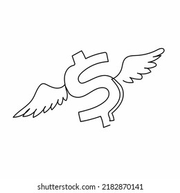 Einzeilige Zeichnung des amerikanischen Dollars mit Flügeln. Symbolisieren des Aufstiegs des Dollars auf dem Markt. Dollar-Symbol und Flügel. Modern-Stetig-Liniendesign, Vektorgrafik