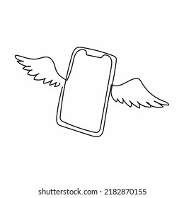 Single one line drawing flying smartphone with wings. Winged cellphone with touch screen flying with wings isolated on white background. Modern continuous line draw design graphic vector illustration