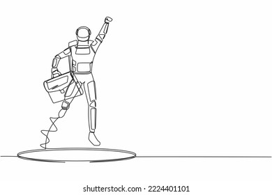 Single one line drawing flying astronaut with briefcase coming out of holes. Spaceman lead financial rising. Space business growth. Cosmic galaxy space. Continuous line draw design vector illustration