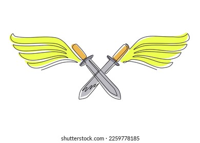 Dibujo de una sola línea con dos espadas cruzadas. Arma de guerrero medieval fantástico. Con el logo de dos espadas cruzadas con elegantes alas. Ilustración vectorial de dibujo de línea continua