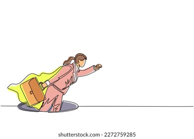 Einzeilige, fliegende Geschäftsfrau mit Flügel und Aktenkoffer aus den Löchern. Frauen, die das Finanzsystem aus dem Loch steigen lassen. Unternehmenswachstum Grafikkarte für kontinuierliche Zeilenzeichnung