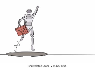 Astronauta de dibujo de una sola línea con maletín que sale de los agujeros. Los hombres espaciales lideran el ascenso financiero. Crecimiento del negocio espacial. Espacio de galaxia cósmica. Ilustración vectorial de dibujo de línea continua