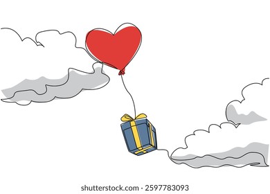 Single one line drawing flying gift box with heart balloon shape. Flying a symbol of love for mother. Expression of love as high as the sky. Day of Mother. Continuous line design graphic illustration