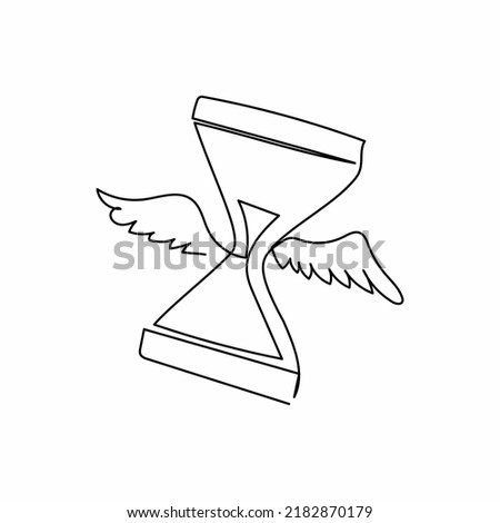 Single one line drawing flying hourglass with wings. Flying sand clock hourglass and time logo symbol. Winged sand glass deadline metaphor. Modern continuous line design graphic vector illustration