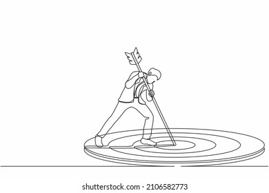 Single One Line Drawing Focus Marketing Target Strategy, Businessman Mark Goal With Arrow. Man Holding Arrow, Hits Target On Ground. Achieving Goals. Continuous Line Draw Design Vector Illustration