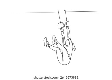 Desenho de uma linha única esportista focada praticando exercícios de alongamento em anéis de ginástica para mergulho de corpo buraco para mãos abs e de volta no ginásio. Ilustração de vetor gráfico de design de desenho de linha contínua