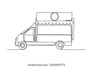 Single one line drawing Food trucks. Restaurant on wheels. Vans for street food selling. Car concept. Continuous line draw design graphic vector illustration.