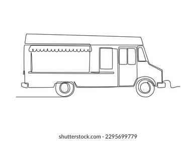 Single one line drawing Food trucks. Restaurant on wheels. Vans for street food selling. Car concept. Continuous line draw design graphic vector illustration.