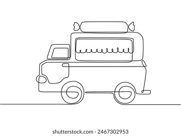 Single one line drawing Food trucks. Restaurant on wheels. Vans for street food selling. Car concept. Continuous line draw design graphic vector illustration.