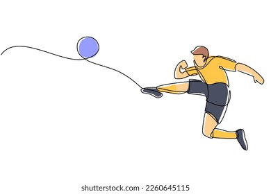 Single one line drawing football player kicking ball. Special uniform on joiner flat style. Footballer score goal. Soccer sport and team game concept. Continuous line draw design vector illustration