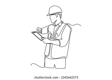 Single one line drawing Foreman check timing and using tablet control. Supply chain management concept. Continuous line draw design graphic vector illustration.