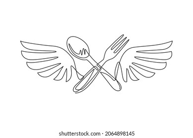 Single one line drawing fork spoon with wings logo icon. Delicious food delivery, catering business, fast food area symbol flat isolated. Modern continuous line draw design graphic vector illustration