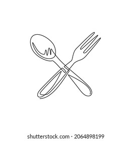 Single one line drawing fork spoon logo icon. Delicious food delivery, catering business restaurant, fast food area symbol flat isolated. Modern continuous line draw design graphic vector illustration