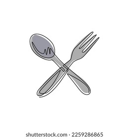 Icono del logotipo de la cuchara de la horquilla de dibujo de una sola línea. Deliciosa entrega de comida, restaurante de negocios de catering, zona de comida rápida simbólica de plano aislado. Ilustración de líneas continuas moderna de diseño gráfico vectorial