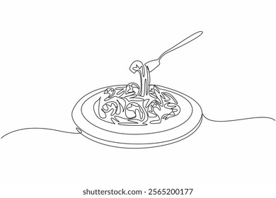 Single one line drawing fork pick up shrimp scampi. Want to taste the warm food that has just been served. Savory. Delicious. National Shrimp Scampi Day. Continuous line design graphic illustration