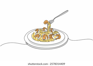 Single one line drawing fork pick up shrimp scampi. Want to taste the warm food that has just been served. Savory. Delicious. National Shrimp Scampi Day. Continuous line design graphic illustration