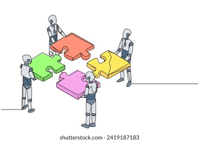 Single one line drawing four robotics artificial intelligence standing with each holding a puzzle pieces. Teamwork to put together the puzzle. Future tech. Continuous line design graphic illustration