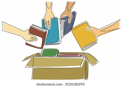 Uma única linha desenhando quatro mãos segurando os livros e irá colocá-los em uma caixa. Competindo para entregar livros. Boas ações. Dia Internacional do Livro. Ilustração gráfica de design de linha contínua