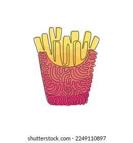 Single one line drawing French fries in paper box package, isolated. Fried potato snacks. Fast food retro artwork. Swirl curl style. Modern continuous line draw design graphic vector illustration