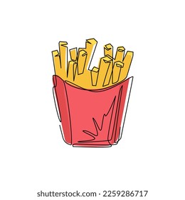 Einzeilige Zeichnung von Pommes frites in Papierbox einzeln. Logo-Symbol für flaches Design. Fett Pommes frites Fastfood in roter Verpackung. Modern-Stetig-Liniendesign, Vektorgrafik