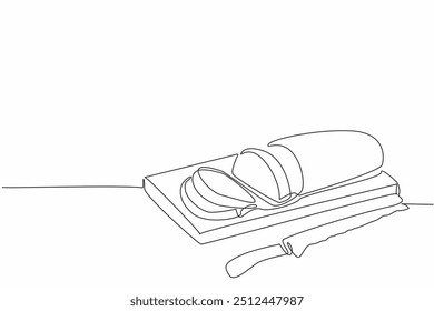 Single one line drawing French bread with the ends cut off on a cutting board. Chef prepares a baguette tester slice. Customer. National French Bread Day. Continuous line design graphic illustration