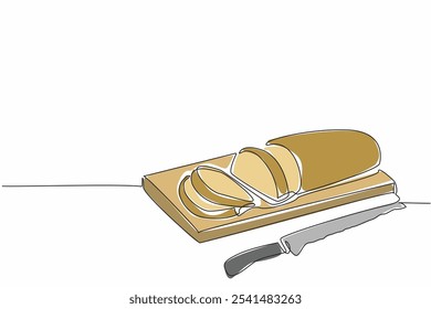 Una sola línea dibujando pan francés con los extremos cortados en una tabla de cortar. El chef prepara una rebanada de probador de baguette. Cliente. Día nacional del pan francés. Ilustración gráfica de diseño de línea continua