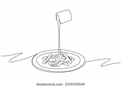 Single one line drawing french fries on round plate drizzled with cheese sauce from a glass holder. Make snacks more delicious. National Cheddar Fries Day. Continuous line design graphic illustration