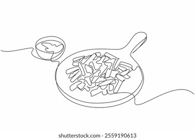 Single one line drawing french fries drizzled with cheese sauce on a round wooden chopping board. Restaurant style serving. National Cheddar Fries Day. Continuous line design graphic illustration