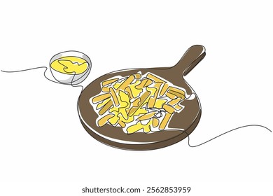 Single one line drawing french fries drizzled with cheese sauce on a round wooden chopping board. Restaurant style serving. National Cheddar Fries Day. Continuous line design graphic illustration