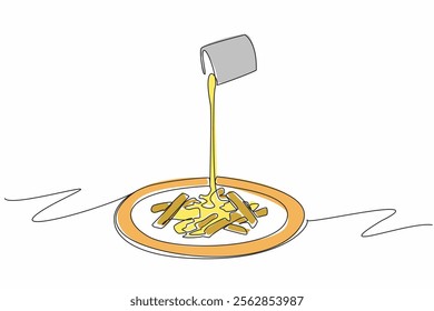 Single one line drawing french fries on round plate drizzled with cheese sauce from a glass holder. Make snacks more delicious. National Cheddar Fries Day. Continuous line design graphic illustration