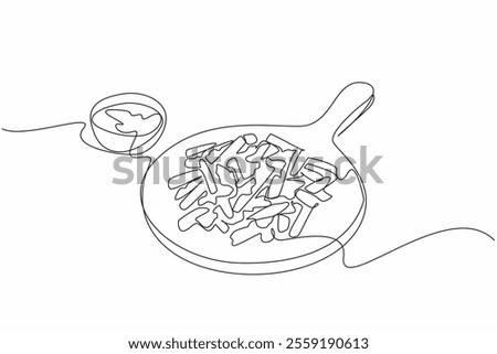 Single one line drawing french fries drizzled with cheese sauce on a round wooden chopping board. Restaurant style serving. National Cheddar Fries Day. Continuous line design graphic illustration