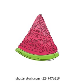 Single one line drawing fresh slice of watermelon. Watermelon healthy food. Organic natural food. Delicious fruits. Swirl curl style. Modern continuous line draw design graphic vector illustration