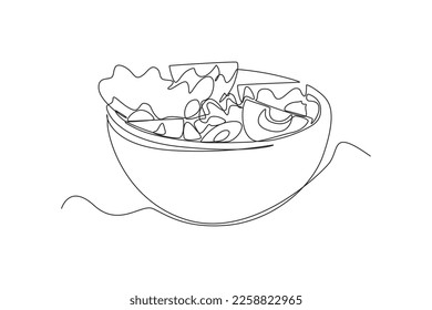 Single one line drawing Fresh vegetable salad in bowl. Breakfast Concept. Continuous line draw design graphic vector illustration.